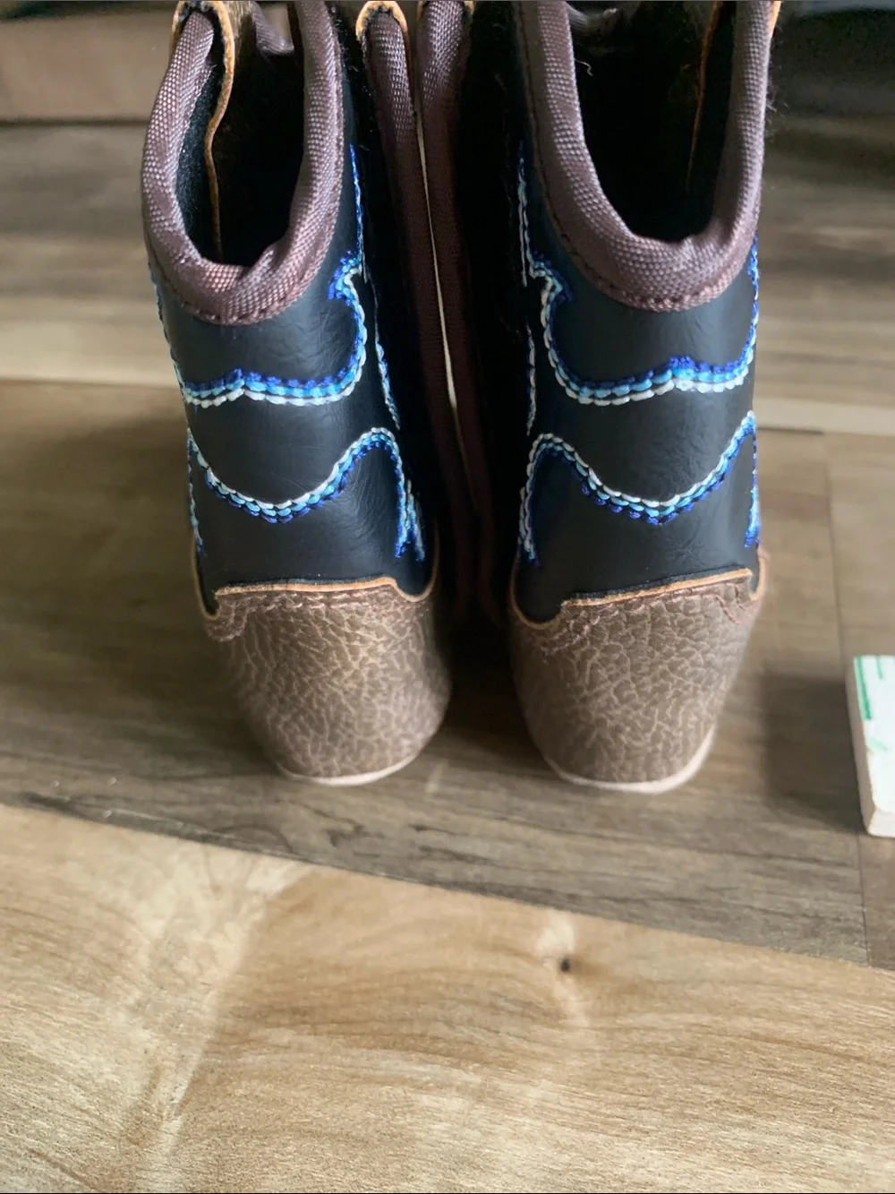 Ariat Brown and Black Kids Cowboy Boots with Blue Stitching